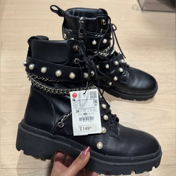 Zara Black Leather Combat Boots - Picture 2 of 8